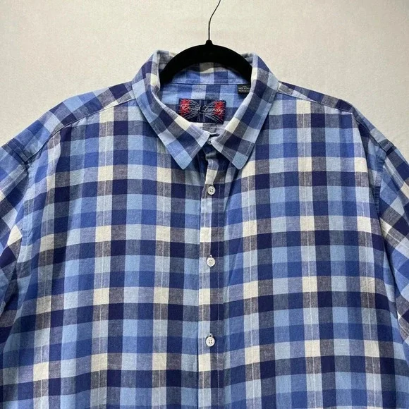English Laundry Shirt Mens XXL Gingham Button Up Short Sleeve Linen Cotton Blue - Picture 3 of 11
